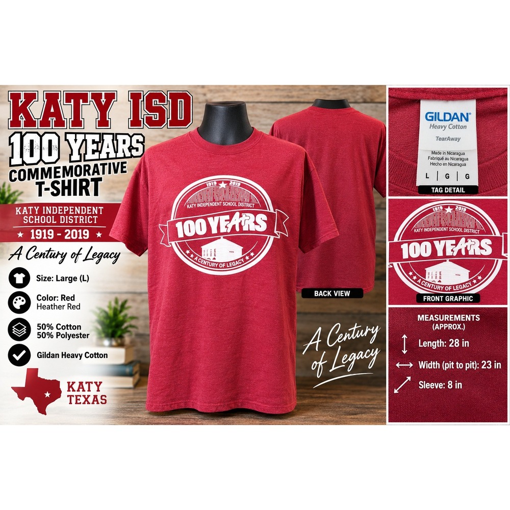 Gildan Katy ISD 100 Years Commemorative T-Shirt Heather Red Large 1919-2019